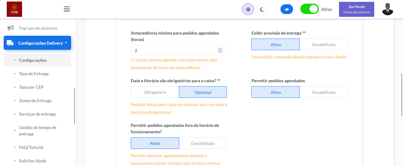 Configurações QuickScanMenu para antecedência de pedidos agendados, previsão de entrega e regras de agendamento.