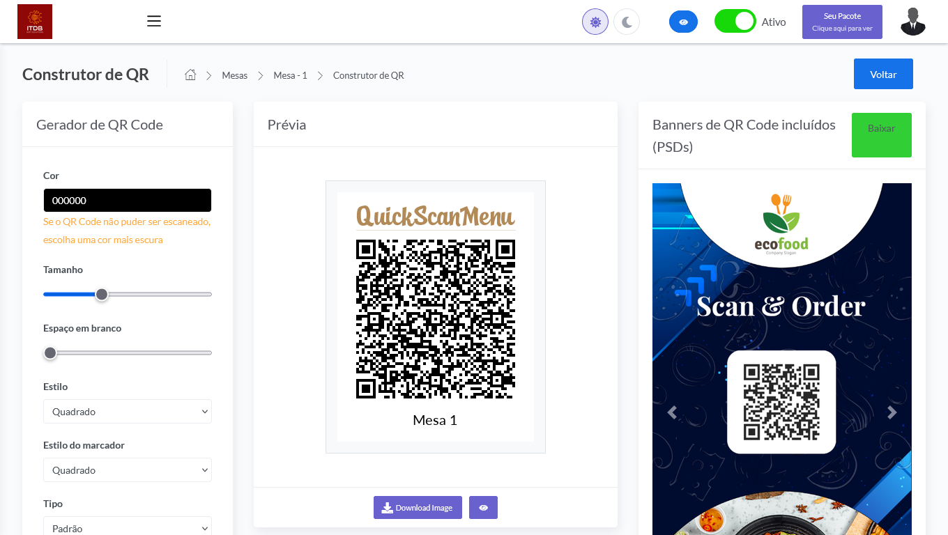 Construtor QuickScanMenu de QR code para mesas com ajustes de cor, tamanho, espaço em branco, estilo e prévia do código.
